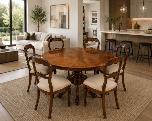 fig 1. An antique Victorian oval tilt-top dining table featuring book-matched burr walnut grain mounted on a carved central column and tripod base with castors.