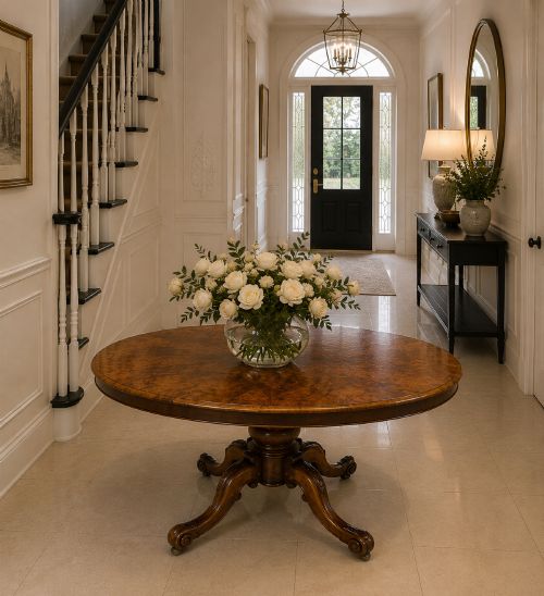 fig 2. An antique Victorian oval tilt-top dining table featuring book-matched burr walnut grain mounted on a carved central column and tripod base with castors.