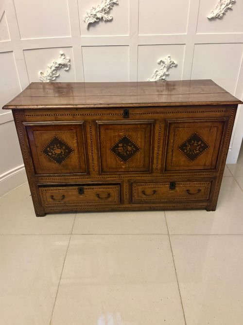 Exceptional Quality 17th Century Antique Oak Mule Chest with Marquetry Inlay
