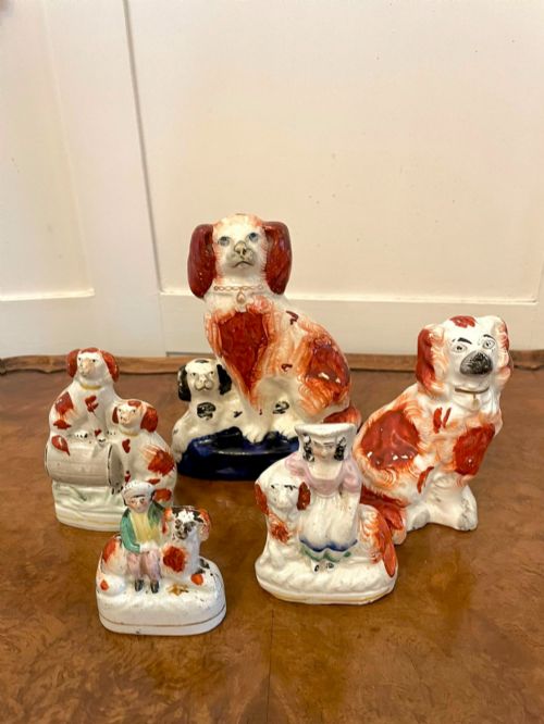 Collection of 6 Unusual Antique Victorian Staffordshire Dogs