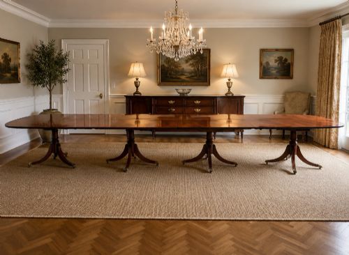 fig 2. An exceptionally long mahogany banquet dining table supported on four turned pedestals with splayed legs and brass castors.