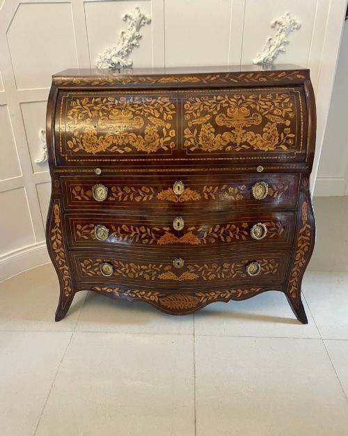 Antique 18th Century Quality Mahogany Floral Marquetry Inlaid Cylinder Bureau