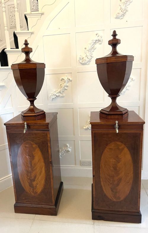 Rare Pair of Antique George III Outstanding Quality Mahogany Inlaid Wine Urns on Original Pedestal Cupboards