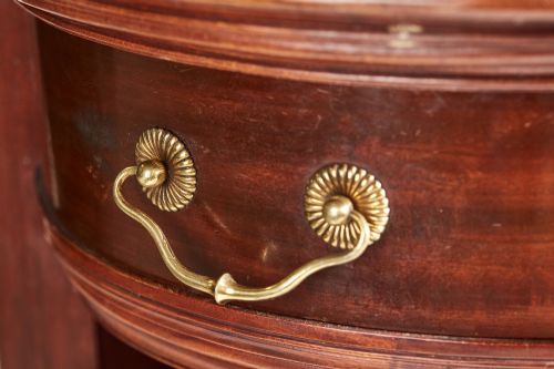 fig 5. A Victorian mahogany breakfront display cabinet with astragal glazed doors, open side shelves, and a swan-neck pediment topped with an urn finial.