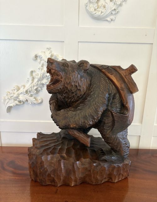 Large Antique Edwardian Quality Carved Linden Wood Japanese Bear Carrying a Fish