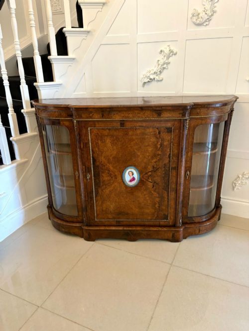 Outstanding Quality Antique Victorian Inlaid Burr Walnut Porcelain Mounted Credenza