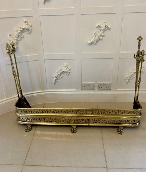 Unusual and Rare Quality Antique Regency Brass Fender with Original Fire Irons