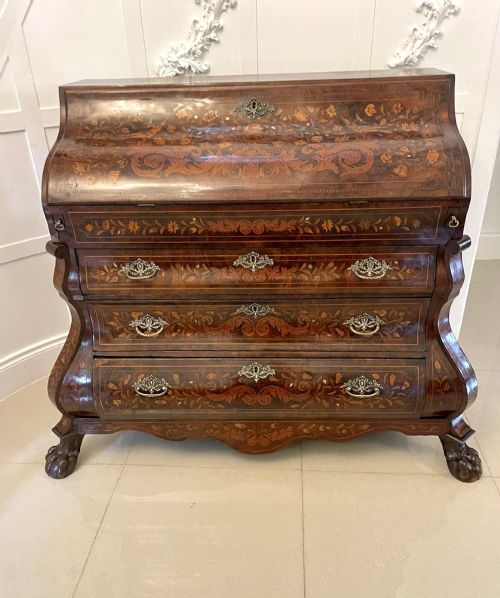 Antique 18th Century Quality Burr Walnut Floral Marquetry Inlaid Bombe Shaped Bureau