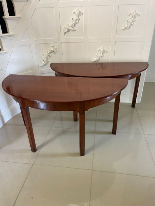Large Pair of Antique George III Quality Figured Mahogany Demi Lune Shaped Console Tables