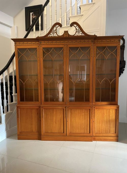 Large Quality Satinwood Astral Glazed Breakfront Display Cabinet with Original Painted Decoration