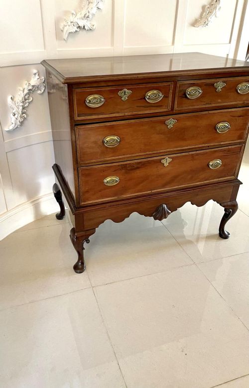 A George III mahogany chest on stand featuring two short over two long drawers, brass handles, a carved shell apron, and cabriole legs. View X
