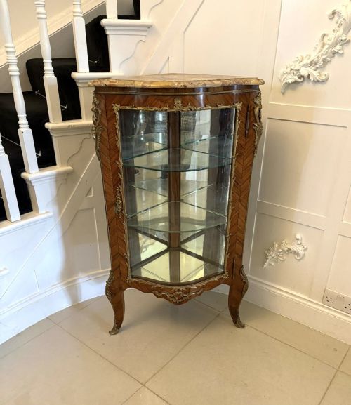 Antique Exceptional French Kingwood Serpentine Corner Display Cabinet with Marble Top and Ormolu Mounts