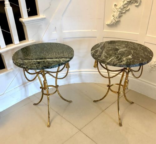 Antique Pair Italian Gilt Metal Verde Marble Tassel Side Lamp Tables