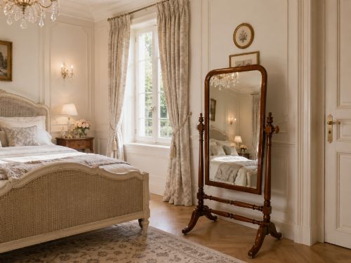 fig 3. A Victorian mahogany freestanding cheval mirror featuring turned upright pillars, arched legs, and a swivelling full-length mirror frame.