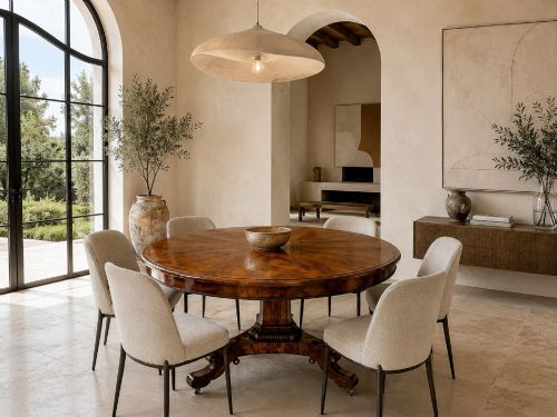 fig 2. A circular Regency tilt-top centre table featuring highly figured flame mahogany veneers, shown in the upright position on a scrolled pedestal base with brass castors.