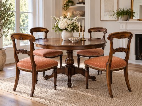 fig 2. A set of four antique Regency rosewood dining chairs featuring carved scroll top rails and pattern-upholstered seats on turned front legs.