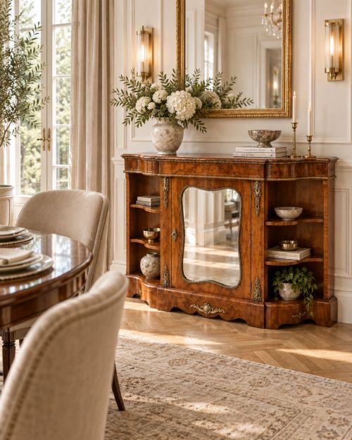 fig 1. A Victorian burr walnut credenza featuring a central glass door, open serpentine display shelves, and detailed brass ormolu mounts.