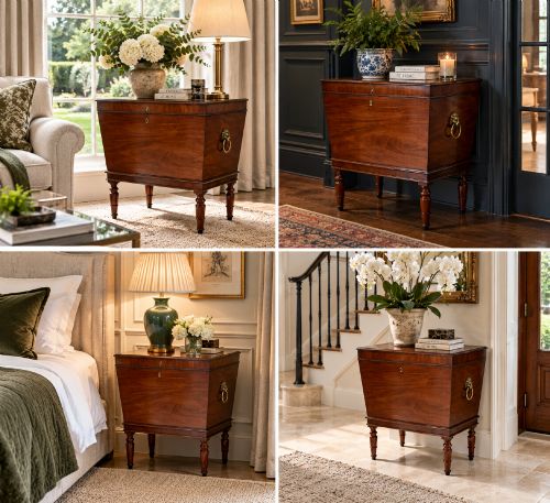 fig 2. A Georgian mahogany cellarette featuring a tapered rectangular body on turned legs with brass lion-mask side handles and a keyhole lid.