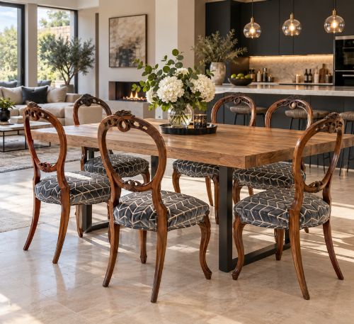 fig 1. A set of six Victorian carved walnut balloon back dining chairs featuring cabriole legs and grey geometric velvet upholstered seats.