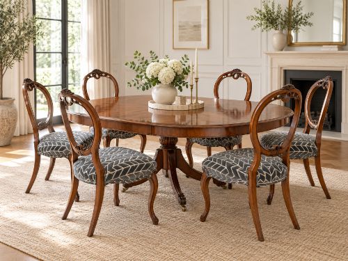 fig 2. A set of six Victorian carved walnut balloon back dining chairs featuring cabriole legs and grey geometric velvet upholstered seats.