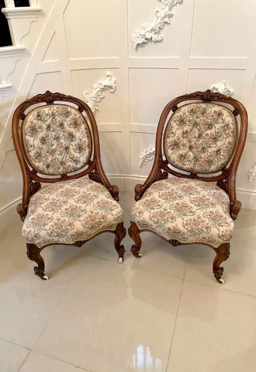 Outstanding Quality Antique Victorian Pair of Carved Walnut Chairs