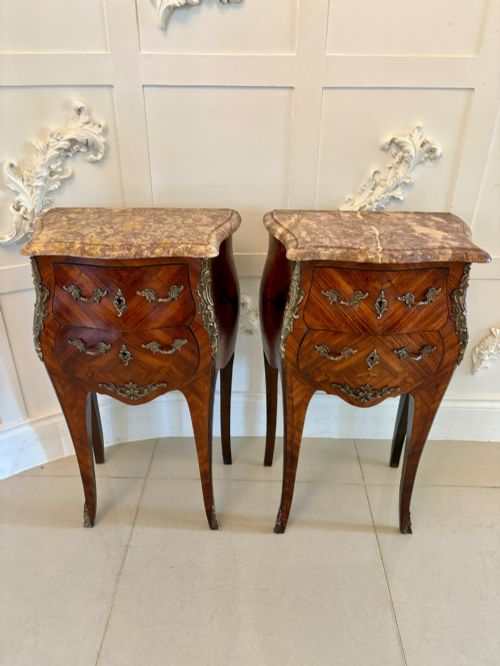 Pair of Antique Quality French Kingwood Marble Top Marquetry Inlaid Bedside Cabinets