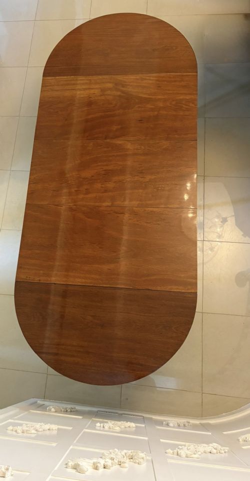 A large extended Georgian mahogany dining table featuring curved D-shaped ends, polished figure top, and slender legs with pad feet. View XV