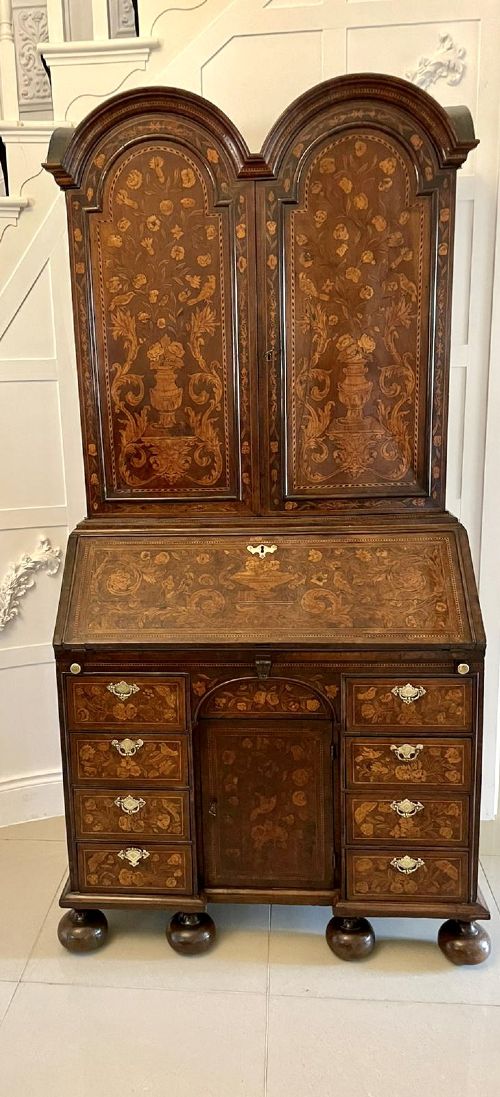 Antique William and Mary Outstanding Quality Burr Walnut Inlaid Marquetry Double Dome Bureau Bookcase