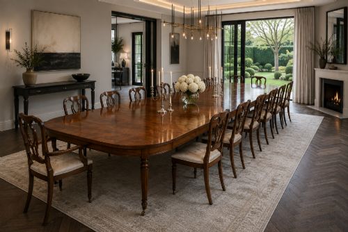 fig 1. A long Regency extending dining table crafted from polished figured mahogany with reeded legs set on brass castors.