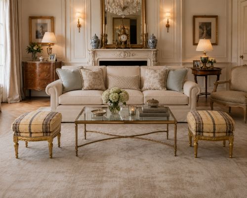 fig 2. A pair of square French style footstools featuring carved gold giltwood frames, fluted legs, and yellow patterned upholstery.