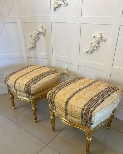 Antique Pair Carved Giltwood Stools Upholstered Footstools French Style