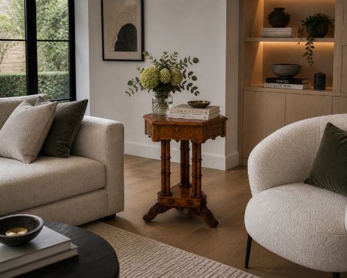 fig 2. An antique Regency hexagonal pollard oak side table with turned column legs and a carved tripod base on castors.