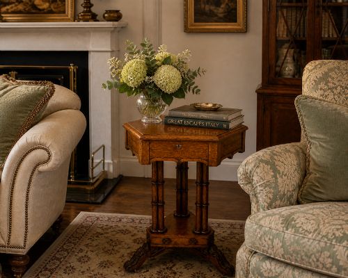 fig 3. An antique Regency hexagonal pollard oak side table with turned column legs and a carved tripod base on castors.