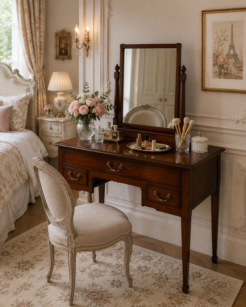 fig 1. An antique Georgian mahogany lowboy hall table featuring three drawers with brass swan-neck handles and straight square legs.