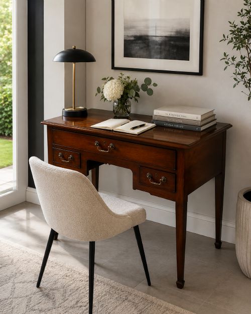 fig 2. An antique Georgian mahogany lowboy hall table featuring three drawers with brass swan-neck handles and straight square legs.