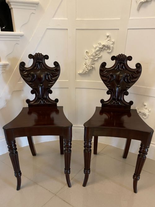 Outstanding Quality Pair of Antique Regency Carved Mahogany Hall Chairs