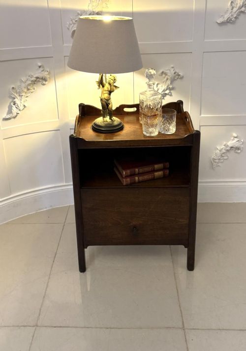 An 18th-century Georgian mahogany bedside cabinet featuring a gallery tray top with cut-out handles, a front cupboard door, and square legs. View II