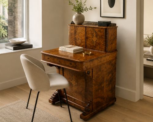 fig 1. A Victorian burr walnut Davenport desk with floral marquetry inlay, a brass top gallery, and carved scroll feet.
