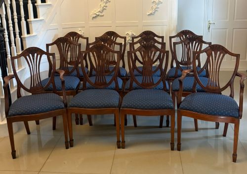 Antique Set of 12 Mahogany Shield Back Dining Chairs – 10 Dining Chairs & 2 Carvers