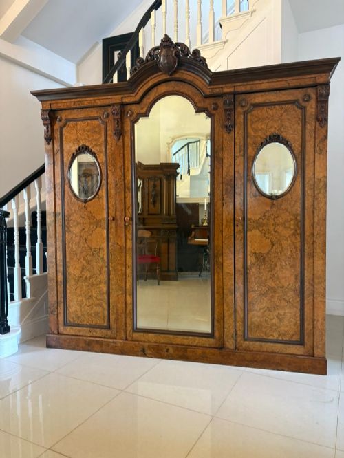 Outstanding Quality Large Antique Victorian Unusual Carved Burr Walnut 3 Door Wardrobe