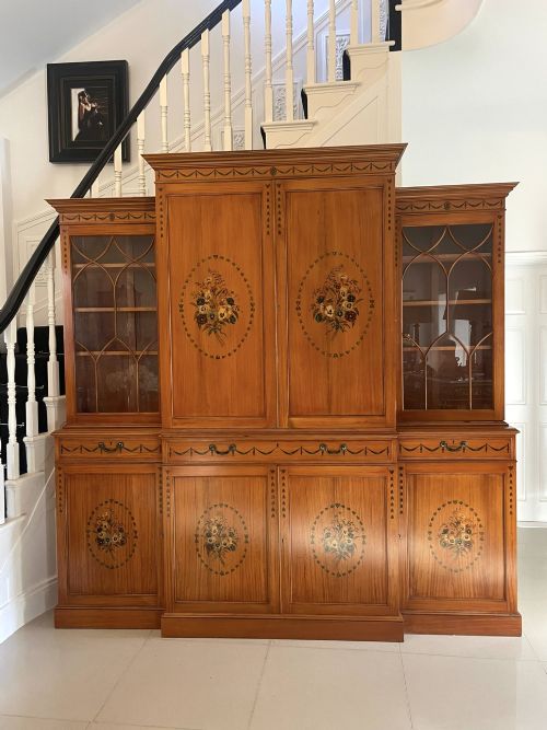 Large Quality Satinwood Breakfront Bookcase with Original Painted Decoration