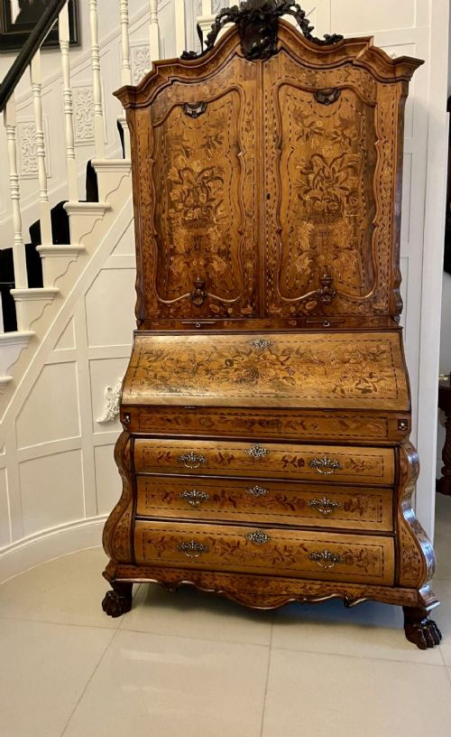 Outstanding Quality 18th Century Antique Dutch Marquetry Inlaid Burr Walnut Bureau Bookcase