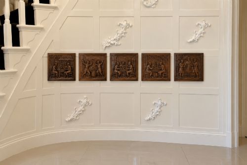 Antique Victorian Set of Five Flemish Carved Oak Tavern Scene Wall Panels