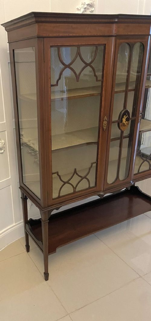An Edwardian mahogany display cabinet featuring glazed doors with astragal bars, a central marquetry inlay medallion, tapering square legs, and an undertier shelf. View XII