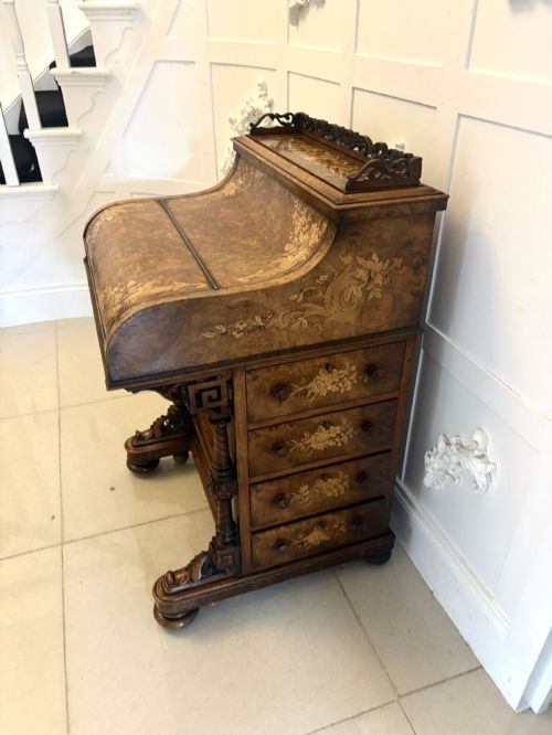 Antique Victorian Burr Walnut Floral Marquetry Piano Top Davenport Desk
