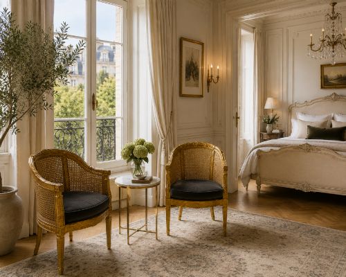 fig 1. A pair of French Louis XVI style carved giltwood tub armchairs featuring curved caned backs and dark blue velvet seat cushions.