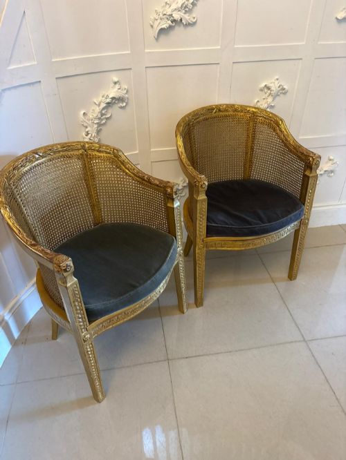 fig 4. A pair of French Louis XVI style carved giltwood tub armchairs featuring curved caned backs and dark blue velvet seat cushions.