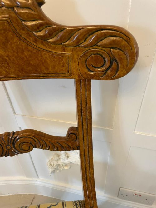 fig 1. A set of eight antique Regency style dining chairs with faux birds eye maple painted decoration, carved cresting rails, turned legs, and striped upholstery.