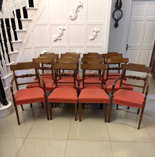 Antique Regency Set of 12 Mahogany Dining Chairs Including 2 Carvers