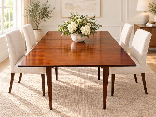 fig 2. An antique Georgian mahogany drop-leaf dining table shown folded closed with square straight legs and a polished dark wood surface.